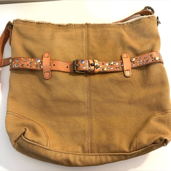 LUCKY BRAND Calexico Crossbody Purse Canvas Leather Studded Camel Tan Brown - Picture 13 of 16